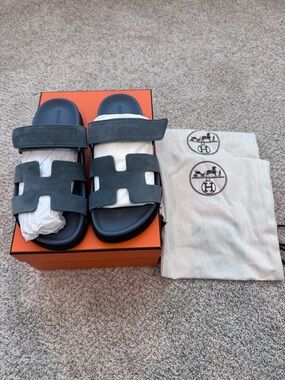 Hermes Chypre Style Suede Slide Sandals - Slate Blue